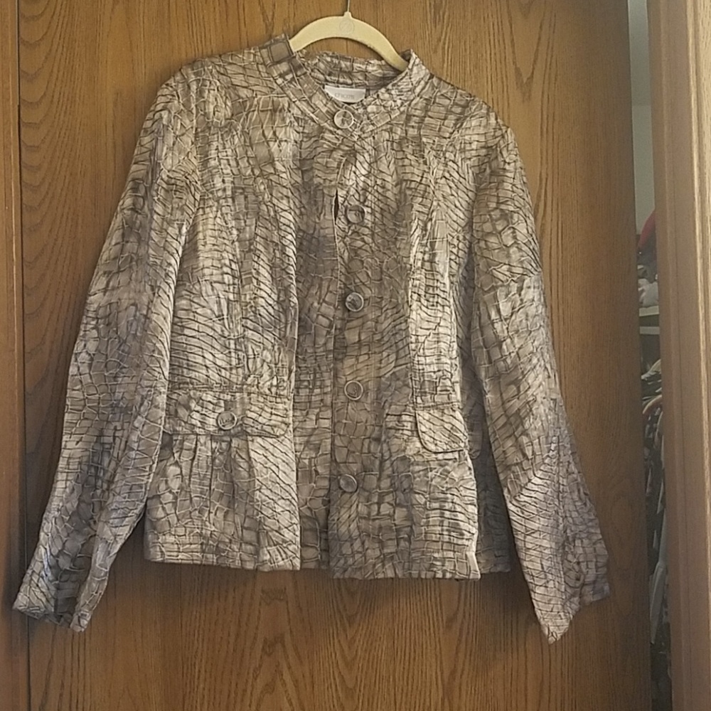 Satiny Chico's motorcycle-jacket-style button down